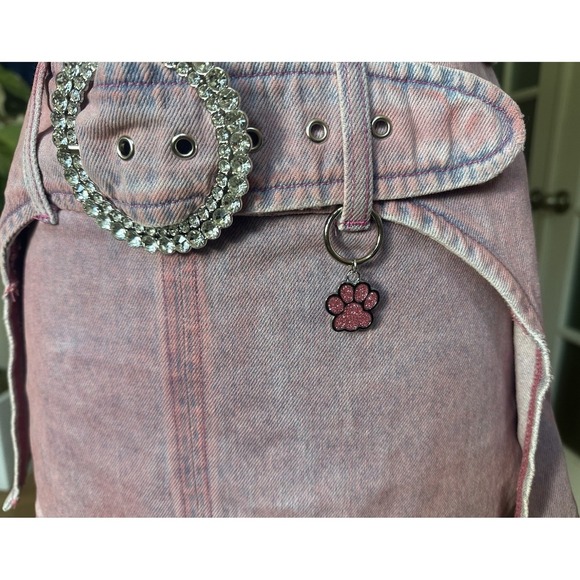 Y2K Pink Denim Mini Skirt Rhinestone Belt Paw Charm Distressed Size S - Picture 2 of 7